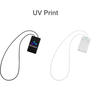 A retractable card holder with a black silicone strap and a white card holder with a clear strap. Both have a logo.