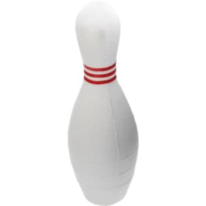 A white bowling pin-shaped stress reliever with red stripes, designed for fun and relaxation.