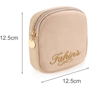 A stylish mini makeup bag in a soft beige hue, featuring a zipper and a logo. Dimensions are 12.5cm x 12.5cm.