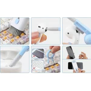 A 7 in 1 cleaning kit featuring accessories in blue and white for cleaning keyboards, AirPods, and screens. Includes a brush and a dust tool.
