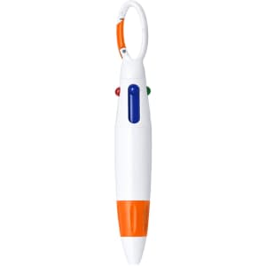 A white and orange carabiner pen with blue and green buttons, featuring a clip for attachment.