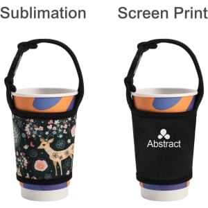 A drink bottle sleeve in black and multicoloured with designs, featuring a logo. Two styles are displayed side by side.
