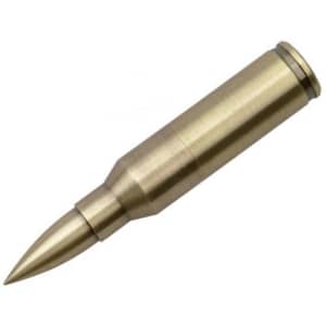 A metallic bullet-shaped flash drive in brass finish, featuring a tapered end and a smooth surface.