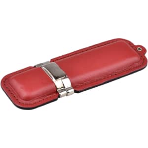 A red flash drive with a leather casing and a silver clasp, featuring a logo.