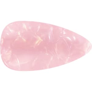A teardrop-shaped, iridescent hair clip in soft pink, featuring a glossy finish. It includes a branding logo.