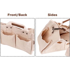 A cream canvas tote bag with straps, featuring multiple pockets on the front and sides, and a small logo.