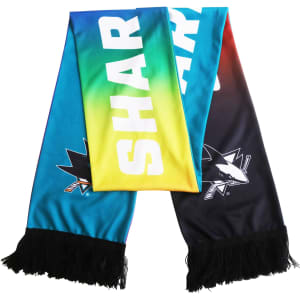 A vibrant recycled mesh fabric scarf featuring gradient colours and a fringed edge, with a logo on the design.