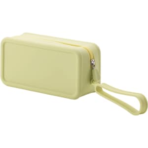 A silicone square cosmetic bag in a soft yellow shade, featuring a zip closure and a wrist strap.