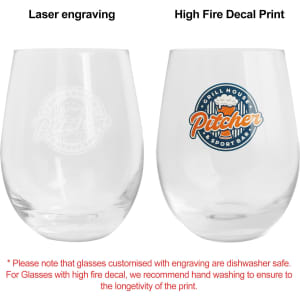 A glass cup shaped like an egg, clear with a branding logo, featuring laser engraving and decal print options.