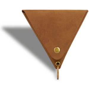 A triangular brown coin holder with a brass snap button and a keyring attachment. It has a textured finish.