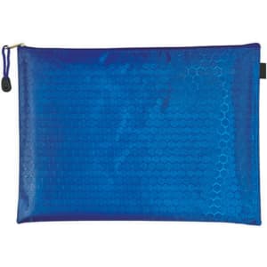 A blue zip bag with a textured honeycomb pattern, featuring a zip closure and a small pull tab.