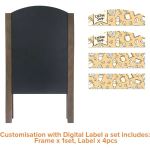 A wooden A-frame chalkboard with a smooth black surface and four decorative label strips in a light colour.