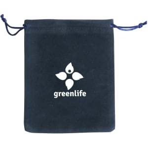 A black velvet drawstring bag featuring a logo in the centre and matching drawstrings.