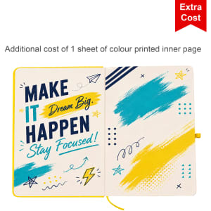 A5 PU cover notebook featuring a colourful printed inner page design with motivational phrases and abstract patterns.