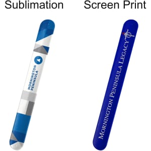 Two silicone slap bands in blue and white designs, each featuring distinct branding, displayed side by side.