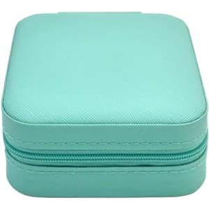 A turquoise PU leather jewellery box with a zippered closure and a textured finish. It features a logo on the surface.