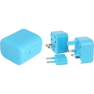 A blue universal travel adapter kit with three different plug types and a matching case.