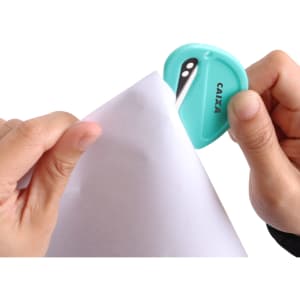 A coloured letter opener in aqua being used to open a white envelope. The opener features a logo.