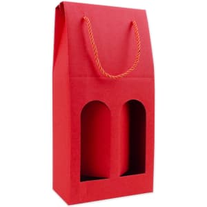 A double bottle wine box with a rope handle, featuring a bright red colour and cut-out window design.