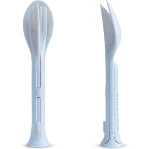 A light blue 3-in-1 portable utensils set featuring a fork, spoon, and knife combined into one design.