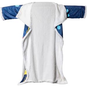 A cosy blanket featuring a white plush interior and blue patterned sleeves, ideal for comfort at home.