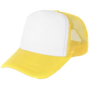 A yellow and white trucker cap with a mesh back and a solid front panel, featuring a logo.
