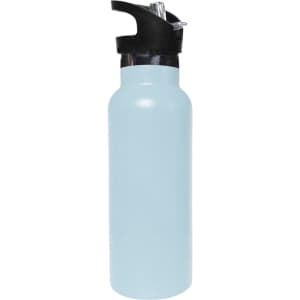 A drink bottle in light blue with a black flip valve lid and a logo. Suitable for both hot and cold beverages.