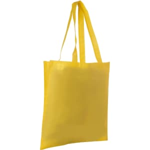 A yellow non-woven long handle bag with a V gusset and two shoulder straps. It features a simple design and has a logo.