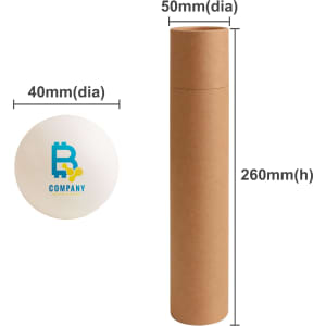 A table tennis ball set featuring six white balls and a cylindrical brown cardboard storage tube.