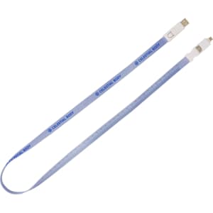 A blue polyester lanyard charging cable with multiple connectors and a logo.