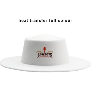 A white felt fedora hat featuring a logo on the front and a flat top design.