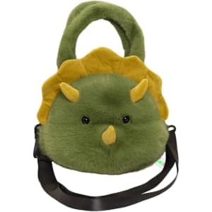 A green plush handbag shaped like a dinosaur, featuring yellow accents and a crossbody strap.