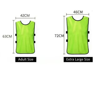 A bright green training bib with black trim, available in adult and extra large sizes, featuring a logo on the front.