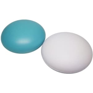 A turquoise and white tablet-shaped stress reliever, featuring a smooth surface and rounded edges. It has a logo.