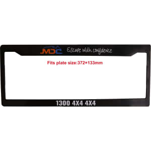 A black plastic licence plate frame with a logo, designed to fit a plate size of 372 x 133 mm.