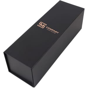 A black foldable magnetic wine box with a logo, designed to hold a single bottle.