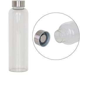 A drink bottle made of clear glass with a stainless steel lid. Features a close-up of the lid and opening.