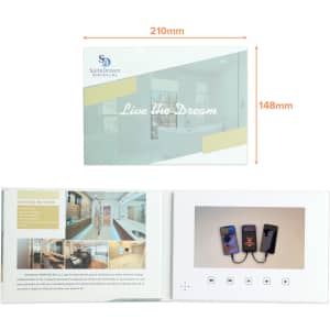 A 7-inch LCD video brochure in white, featuring a screen and images of technology devices. Includes a logo.