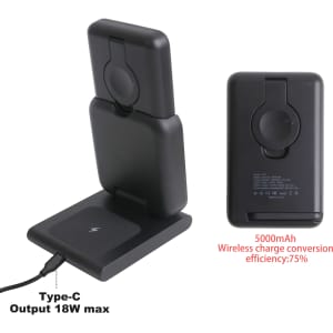 A 3-in-1 black power bank charging station with a Type-C output and a 5000mAh capacity, featuring a logo.