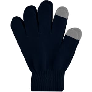 A pair of adult plain knitted gloves in navy blue with grey tips. The gloves feature a woven label.