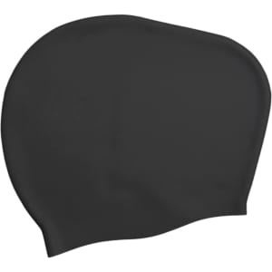 A silicone swim cap for women, designed for long hair, in a solid black colour. It features a logo.