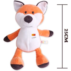 An orange and white fox plush toy, featuring a stitched face and measuring 25 cm tall, with a logo present.