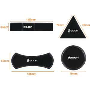 A set of black Sticky Nano Rubber Pads in various shapes: rectangular, triangular, curved, and circular, each with dimensions.