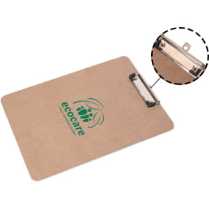 A wooden clipboard in a natural brown colour featuring a metal clip and a logo.