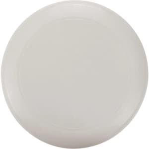 A white frisbee with a smooth surface and a subtle rim design, featuring a logo in the centre.