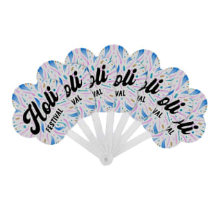 A seven-piece plastic hand fan featuring a colourful floral design and a logo. The fan has a white handle.