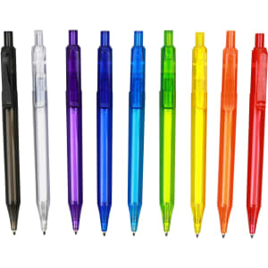 A collection of plastic pens with transparent barrels in various colours: black, clear, purple, blue, green, yellow, and red.