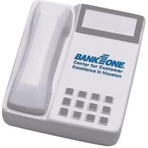 A telephone-shaped stress reliever in white with a grey handset and buttons, featuring a logo.