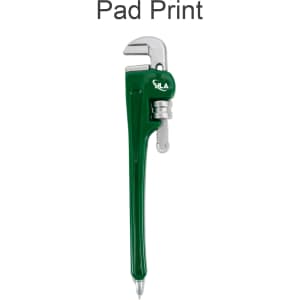 A green pipe wrench-shaped ballpoint pen with silver detailing, featuring a logo.
