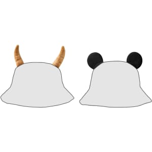A custom animal-ear bucket hat featuring horned and ear designs, in a light grey colour with a simple outline and branding.
